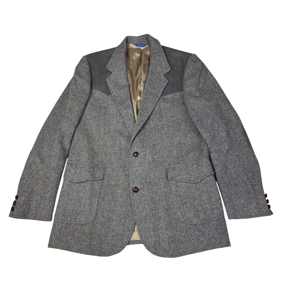 Pendleton Mens Grey Herringbone Virgin Wool Western Blazer Suede Yoke Tall 44L‎